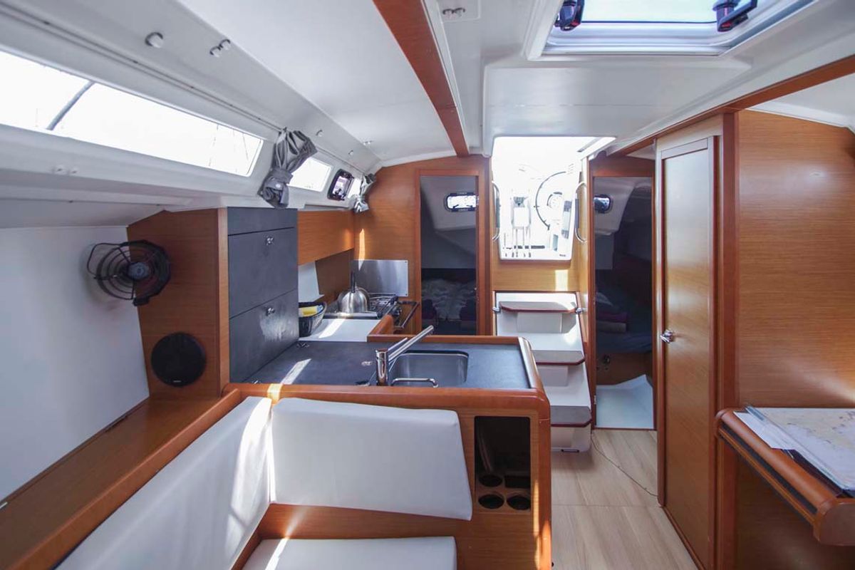 Salon of Castor, a Jeanneau Sun Odyssey 349 sailboat at Felanitx, Spain