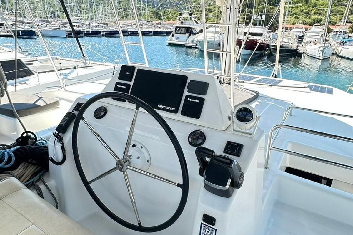 Cockpit of Casablanca, a Dufour 48 Catamaran catamaran at Primošten, Croatia