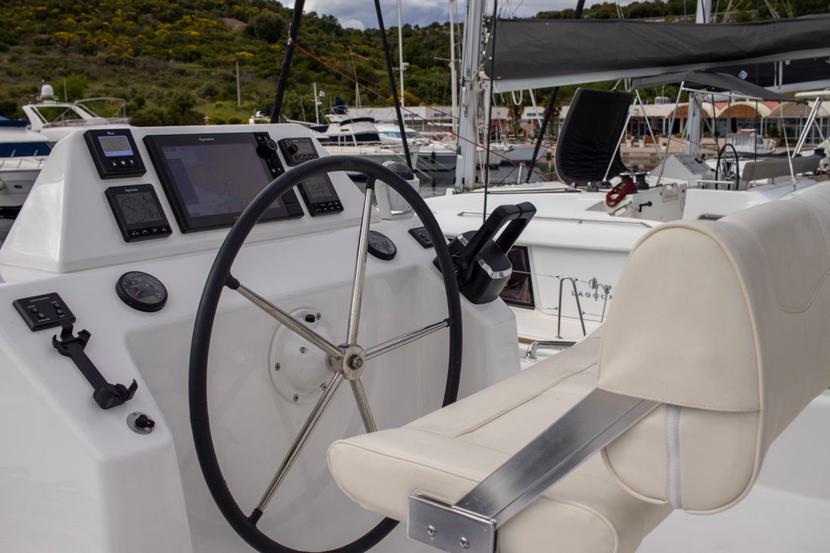 Cockpit of Casablanca, a Dufour 48 Catamaran catamaran at Primošten, Croatia