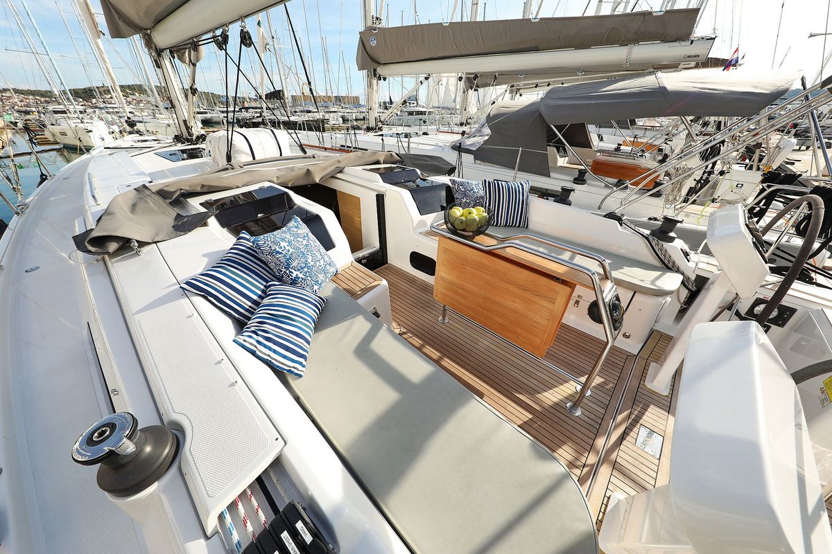 Deck of Kind of magic, a Hanse Yachts Hanse 458 sailboat at Seget Donji, Croatia