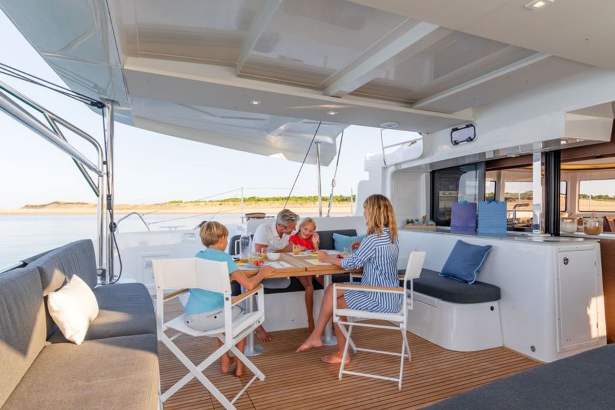 Deck of Latria, a Lagoon 46 catamaran at Benitses, Greece