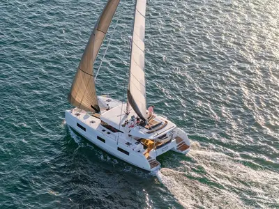 Exterior view of Latria, a Lagoon 46 catamaran at Benitses, Greece