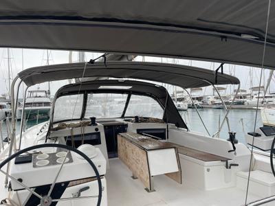 Cockpit of Iside, a Dufour 470 sailboat at Capo d'Orlando, Italy