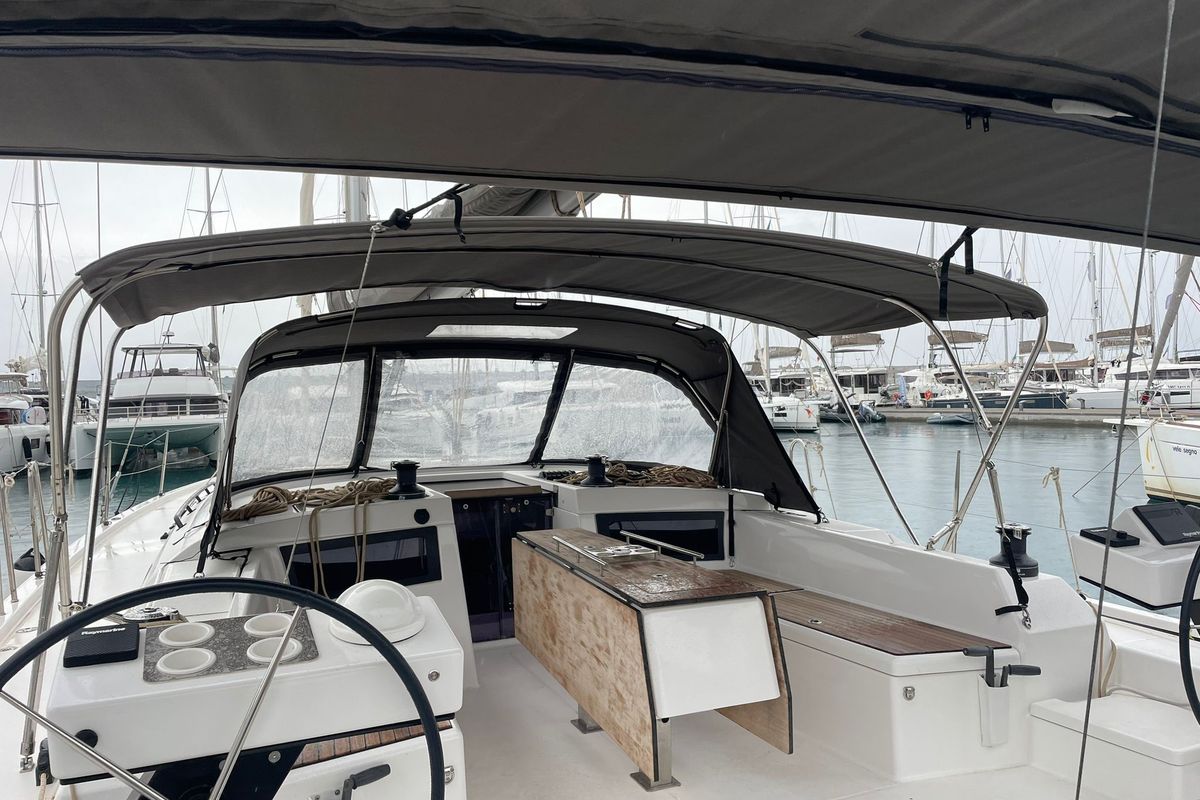 Cockpit of Iside, a Dufour 470 sailboat at Capo d'Orlando, Italy