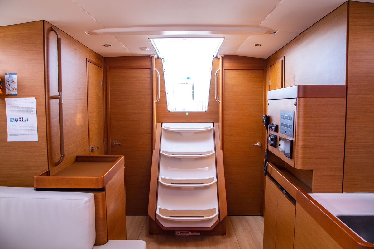Salon of Thaleia, a Jeanneau Sun Odyssey 490 sailboat at Benitses, Greece