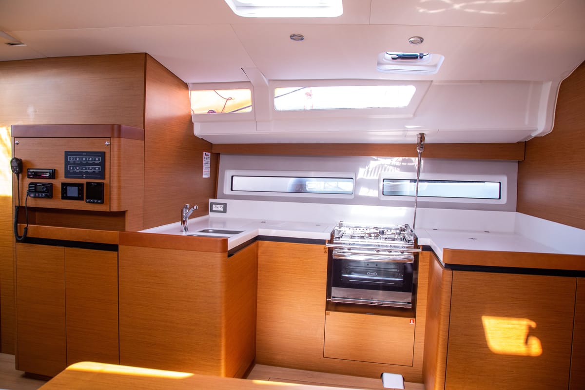 Galley of Thaleia, a Jeanneau Sun Odyssey 490 sailboat at Benitses, Greece