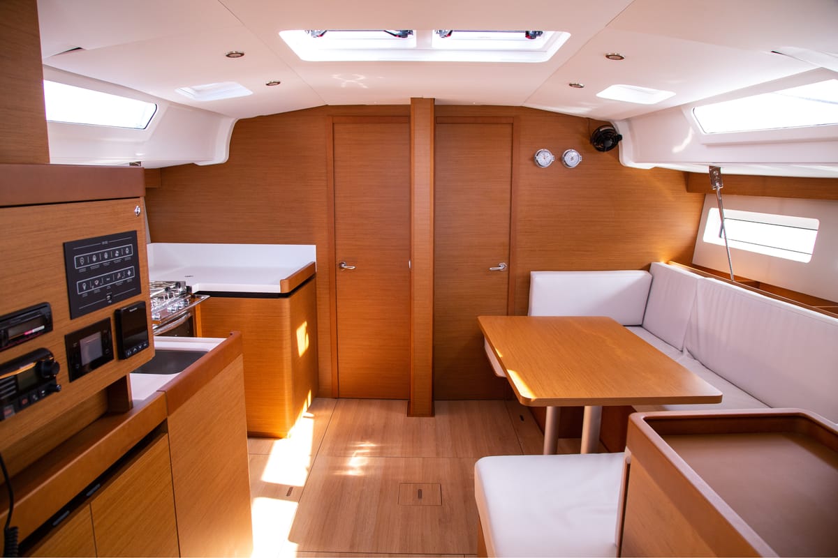 Salon of Thaleia, a Jeanneau Sun Odyssey 490 sailboat at Benitses, Greece
