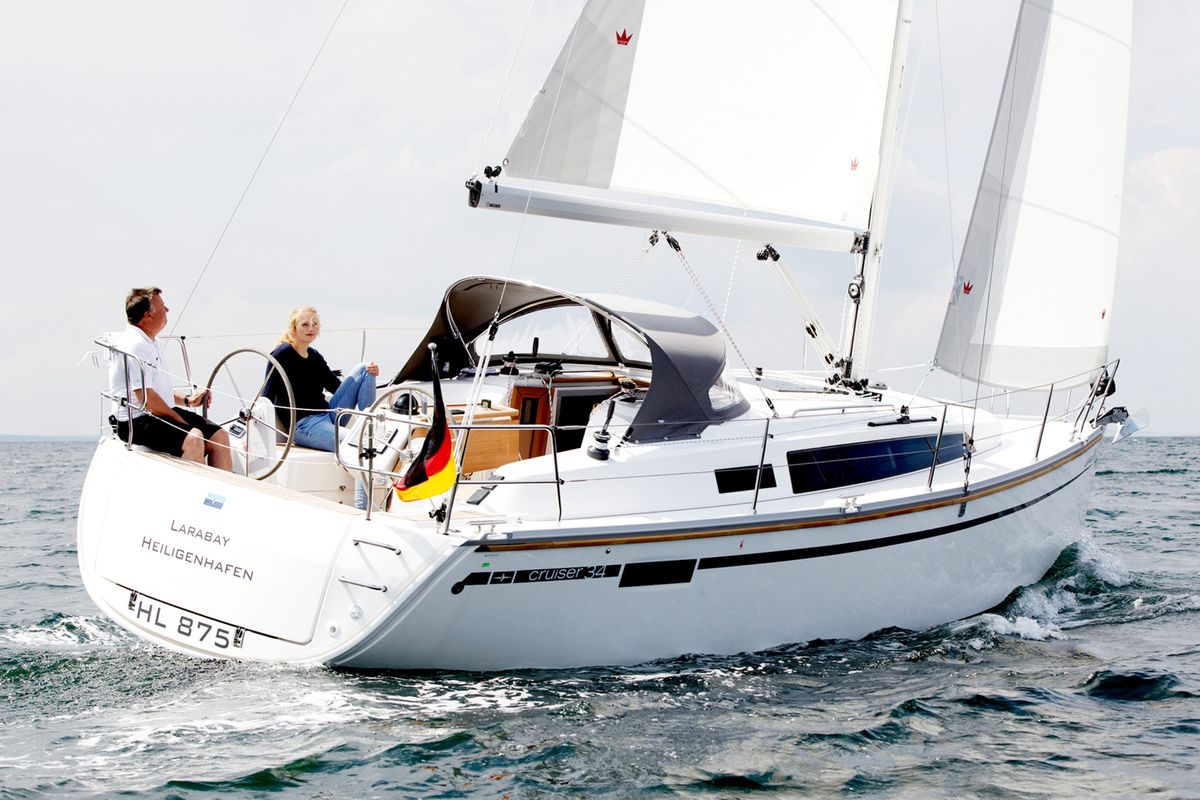 Exterior view of Larabay, a Bavaria Cruiser 34 sailboat at Heiligenhafen, Germany
