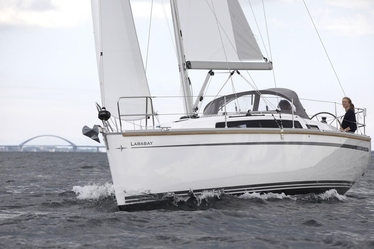 Exterior view of Larabay, a Bavaria Cruiser 34 sailboat at Heiligenhafen, Germany