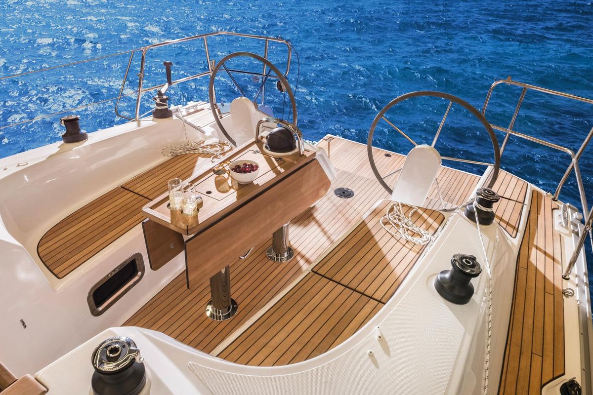 Deck of Larabay, a Bavaria Cruiser 34 sailboat at Heiligenhafen, Germany