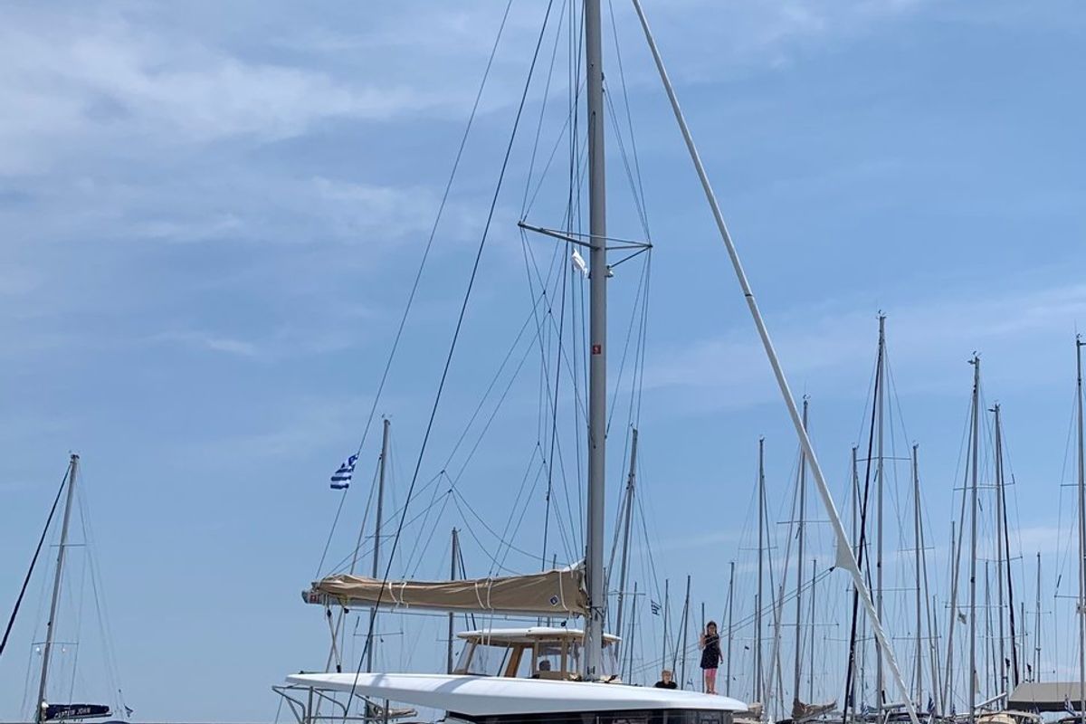 Exterior view of Coral Seas, a Lagoon 42 catamaran at Lavreotiki Municipal Unit, Greece