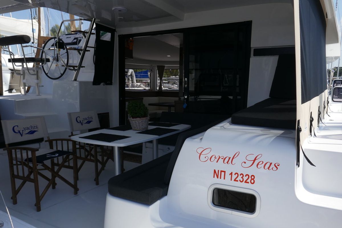 Deck of Coral Seas, a Lagoon 42 catamaran at Lavreotiki Municipal Unit, Greece