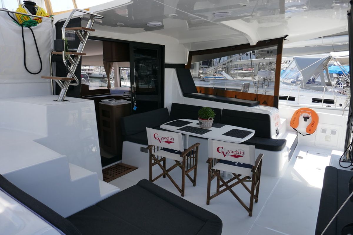 Deck of Coral Seas, a Lagoon 42 catamaran at Lavreotiki Municipal Unit, Greece