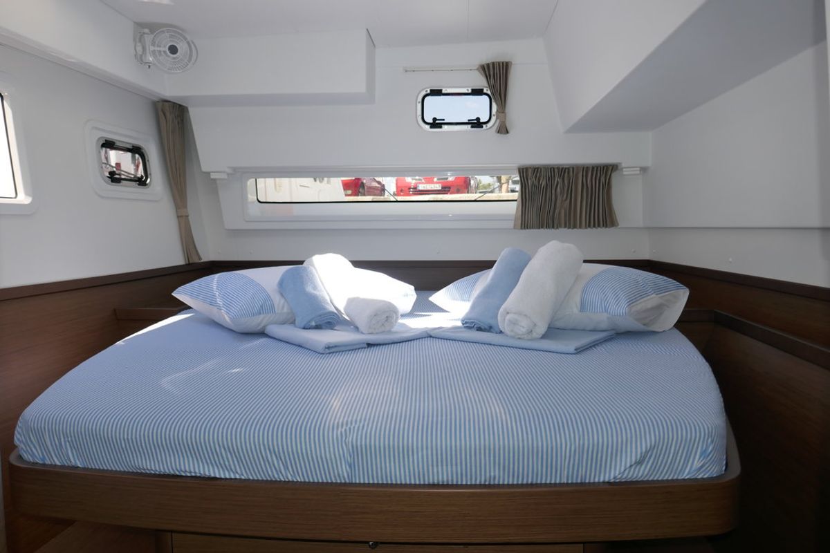 Cabin on Coral Seas, a Lagoon 42 catamaran at Lavreotiki Municipal Unit, Greece