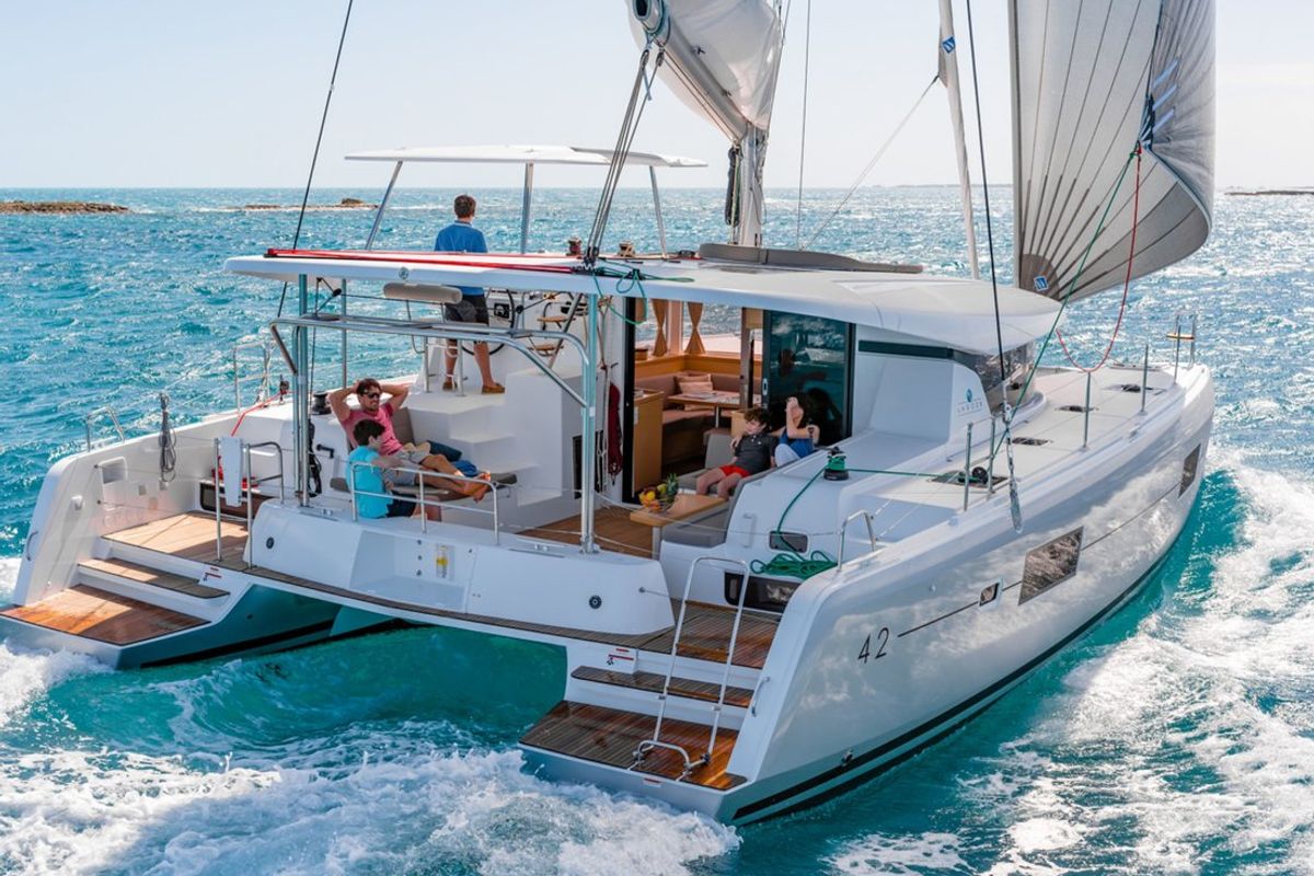 Exterior view of Coral Seas, a Lagoon 42 catamaran at Lavreotiki Municipal Unit, Greece