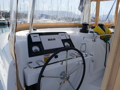 Cockpit of Coral Seas, a Lagoon 42 catamaran at Lavreotiki Municipal Unit, Greece