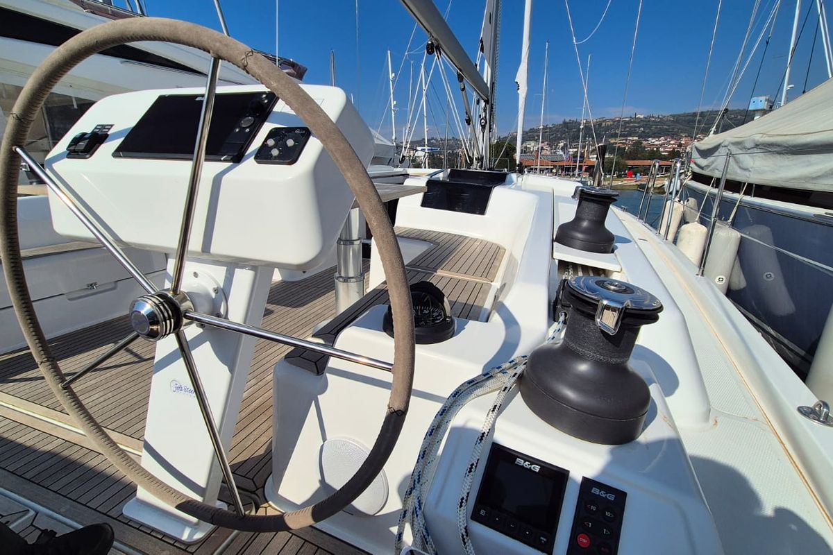 Cockpit of Bright Future, a Hanse Yachts Hanse 508 sailboat at Seget Donji, Croatia