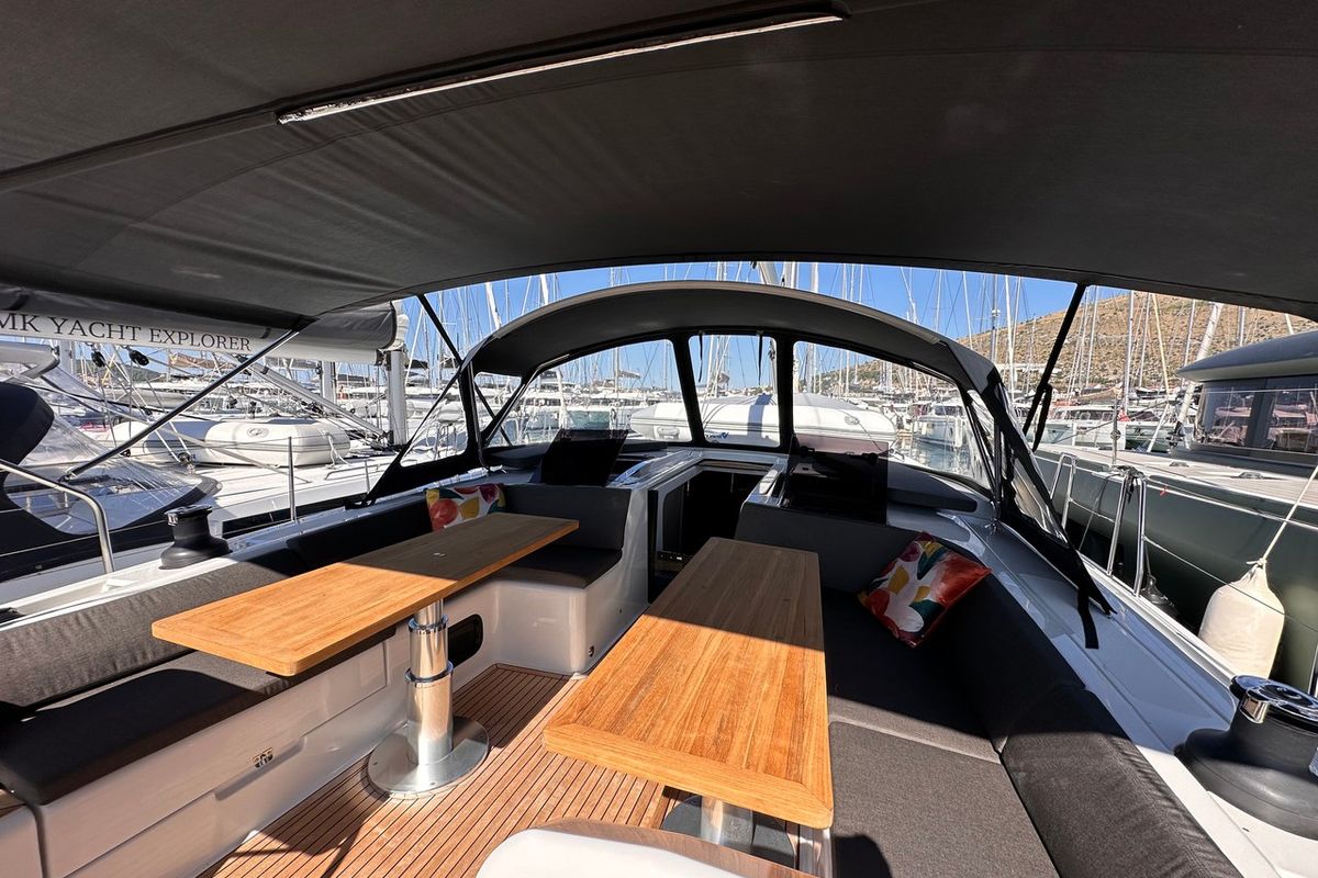Deck of Bright Future, a Hanse Yachts Hanse 508 sailboat at Seget Donji, Croatia