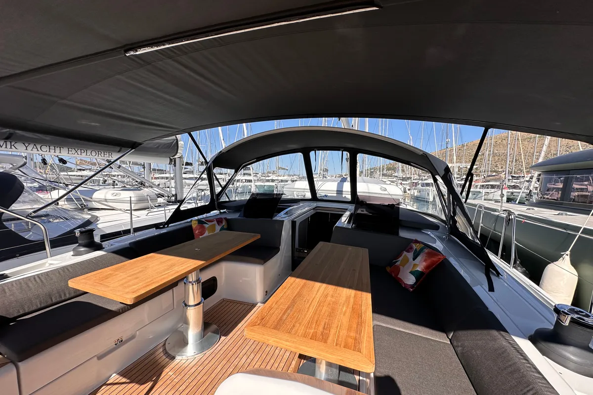 Deck of Bright Future, a Hanse Yachts Hanse 508 sailboat at Seget Donji, Croatia