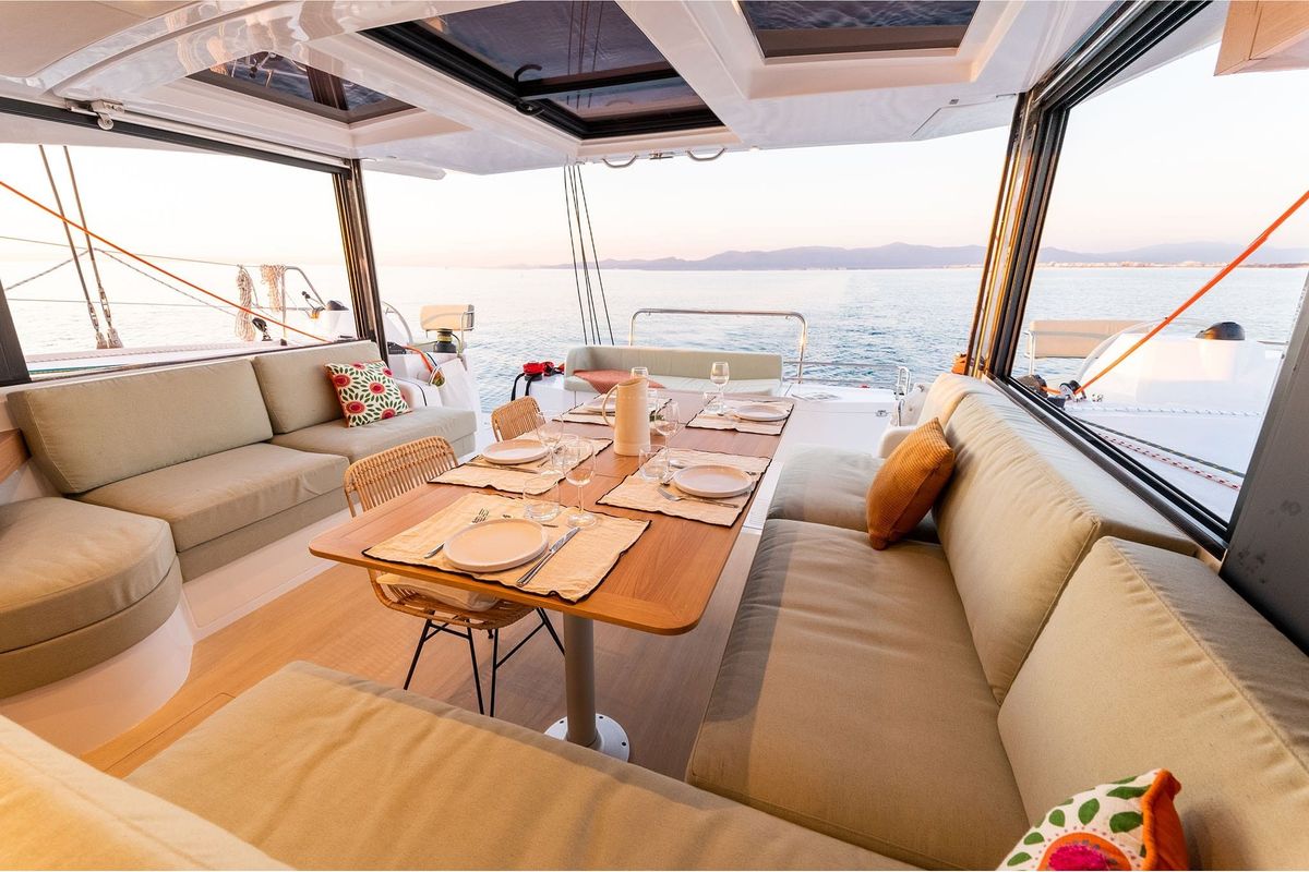 Salon of Agad, a Bali Catsmart catamaran at Tonnarella, Italy