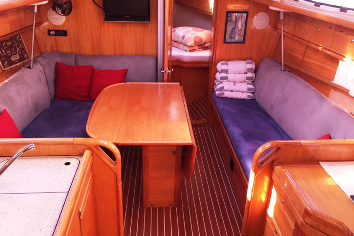 Salon of Skippy, a Bavaria 34 Cruiser sailboat at Primošten, Croatia