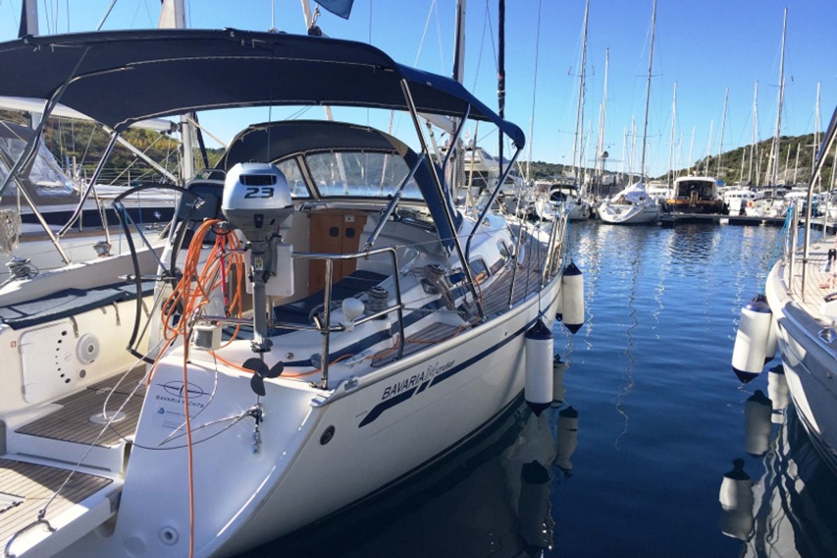 Exterior view of Skippy, a Bavaria 34 Cruiser sailboat at Primošten, Croatia