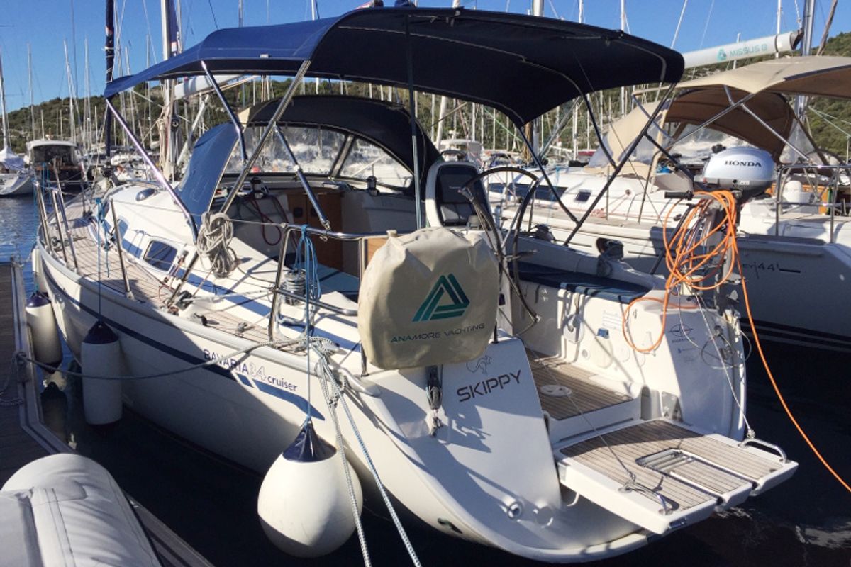 Exterior view of Skippy, a Bavaria 34 Cruiser sailboat at Primošten, Croatia