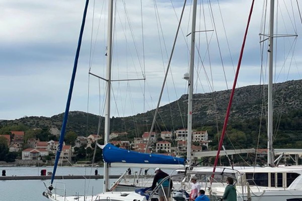 Exterior view of Skyfall, a Elan Impression 45 sailboat at Slano, Croatia