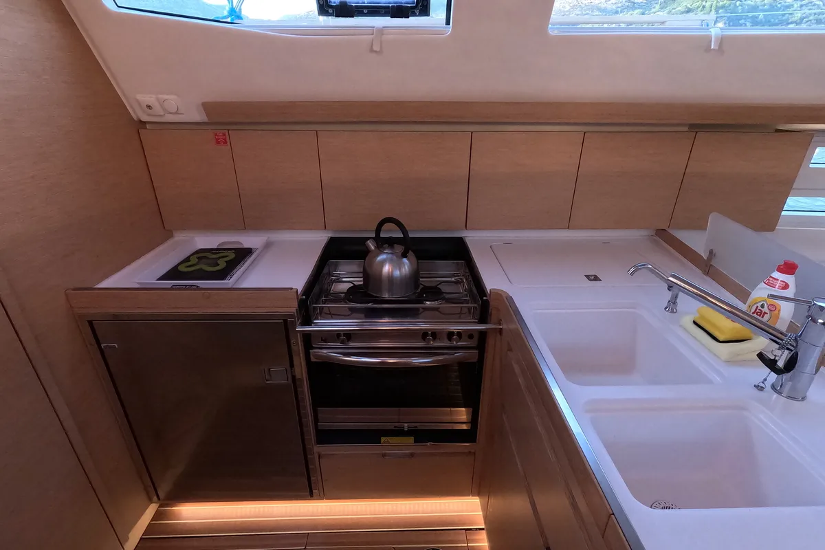 Galley of Skyfall, a Elan Impression 45 sailboat at Slano, Croatia