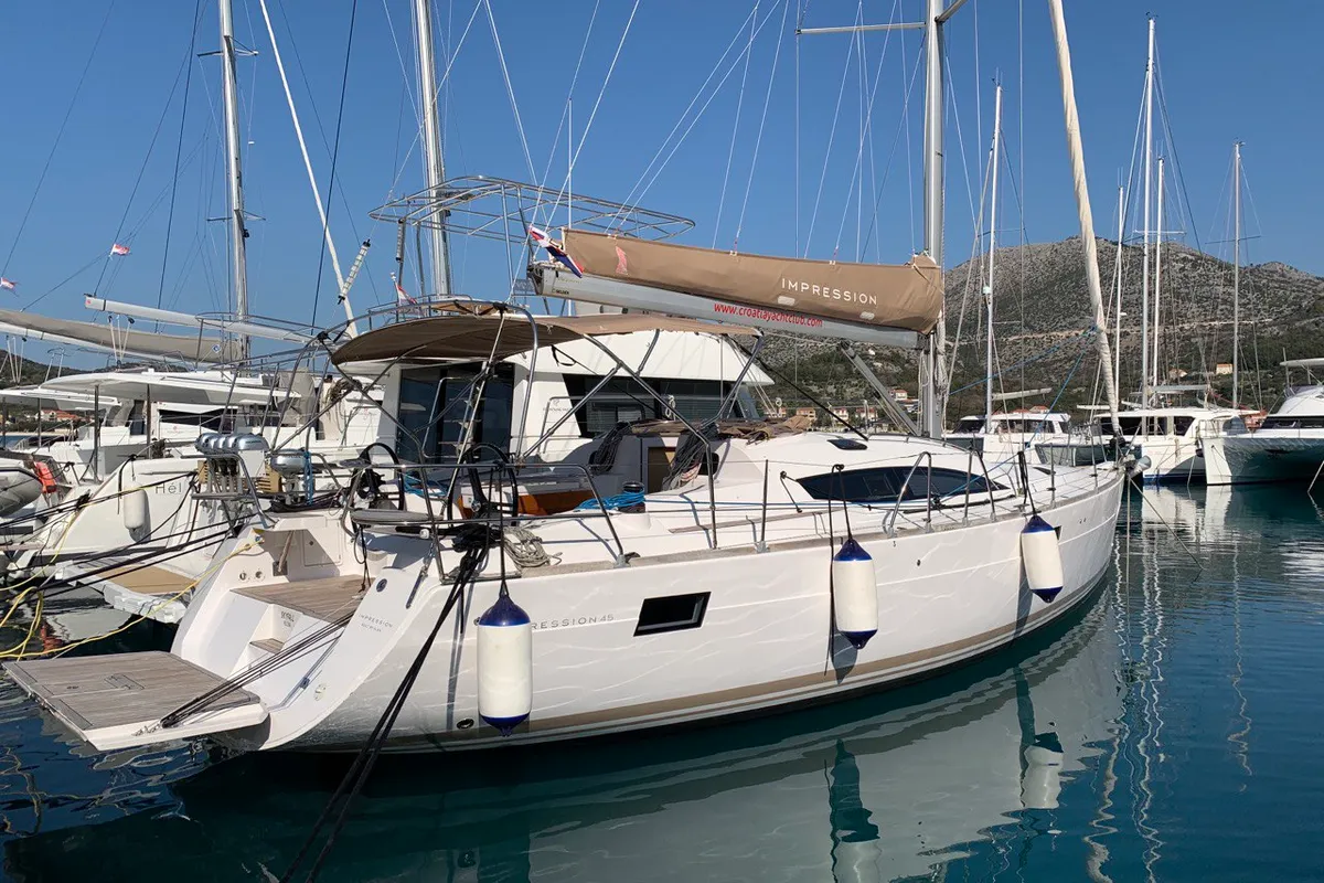 Exterior view of Skyfall, a Elan Impression 45 sailboat at Slano, Croatia