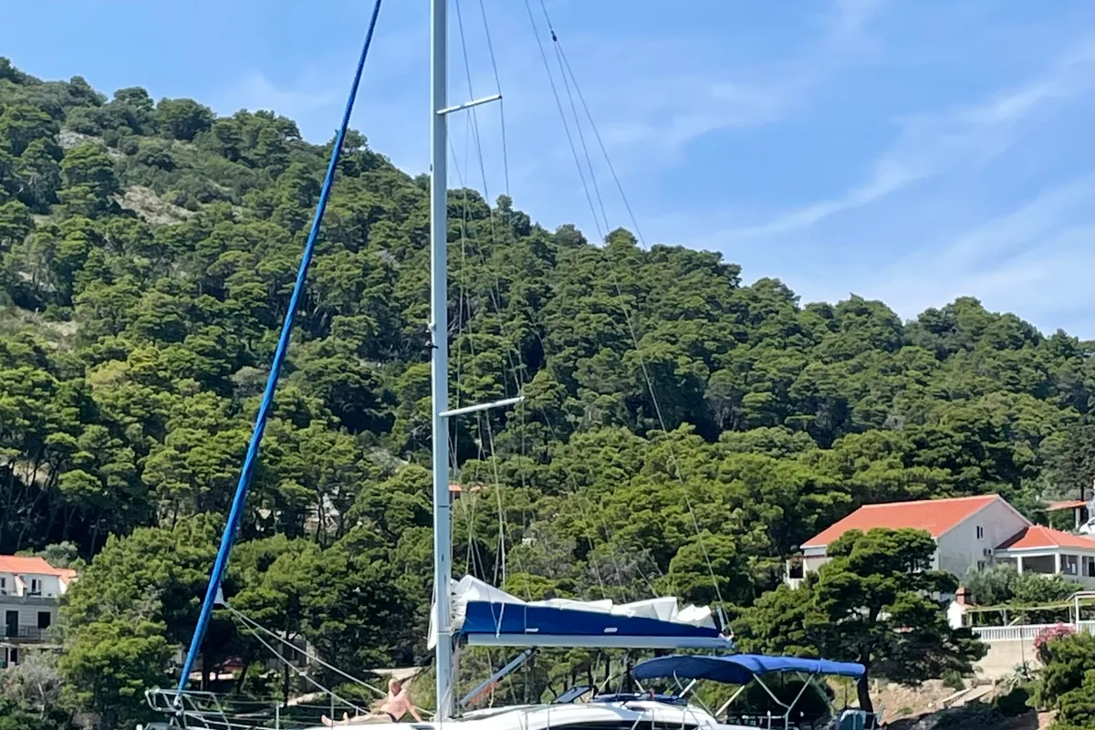 Exterior view of Skyfall, a Elan Impression 45 sailboat at Slano, Croatia