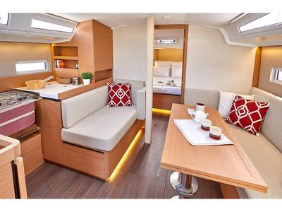 Salon of Jeanneau S.O 410, a Jeanneau Sun Odyssey 410 sailboat at Skiathos, Greece