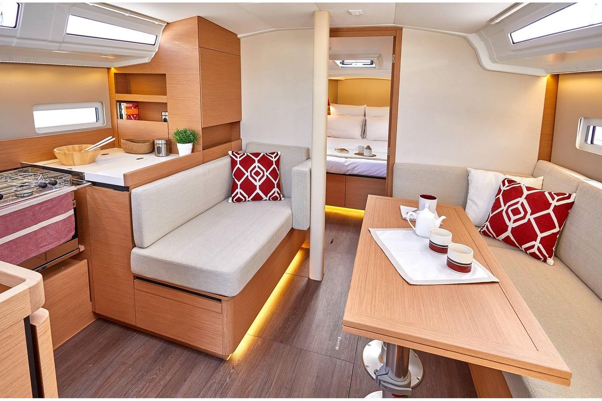 Salon of Jeanneau S.O 410, a Jeanneau Sun Odyssey 410 sailboat at Skiathos, Greece