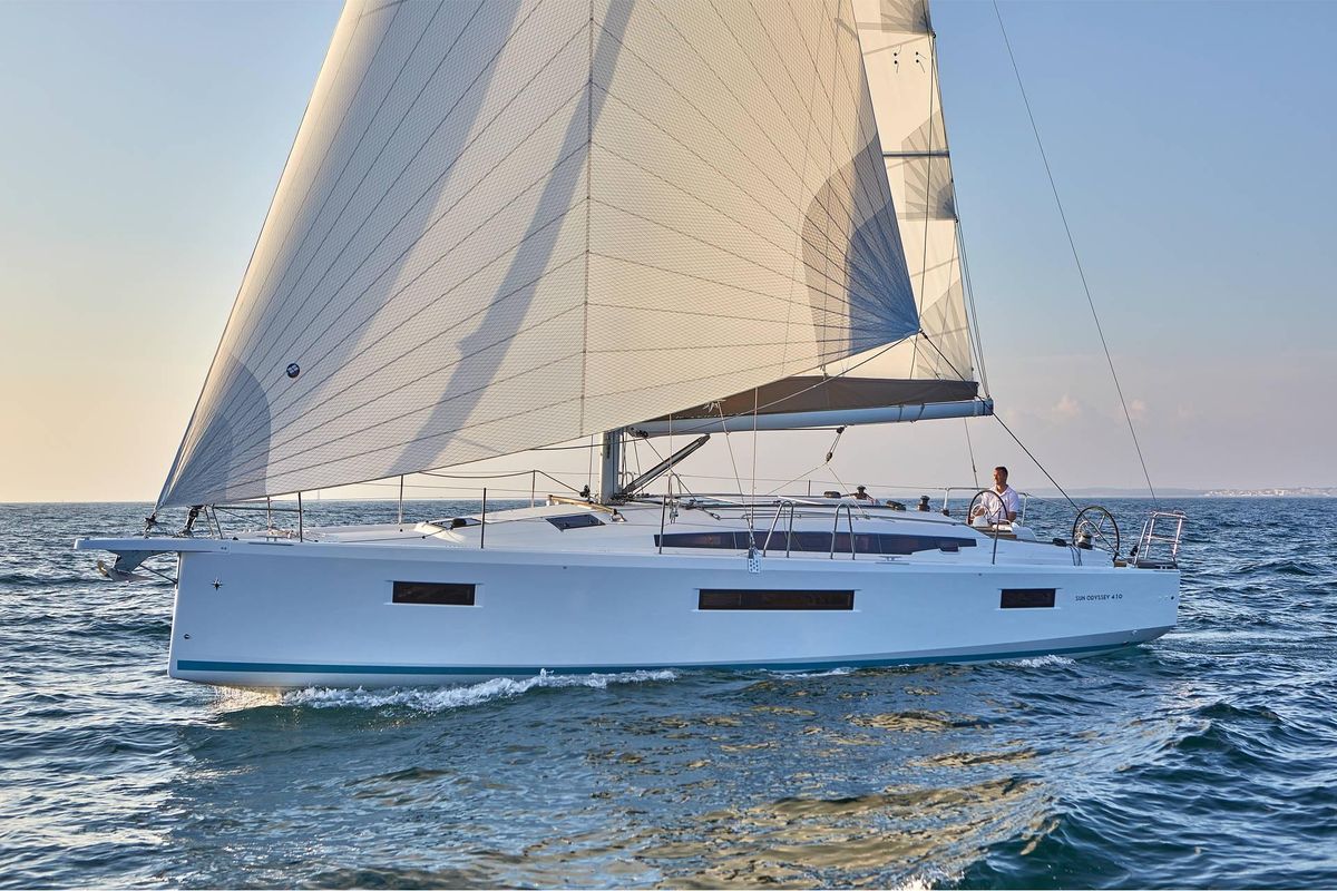Exterior view of Jeanneau S.O 410, a Jeanneau Sun Odyssey 410 sailboat at Skiathos, Greece