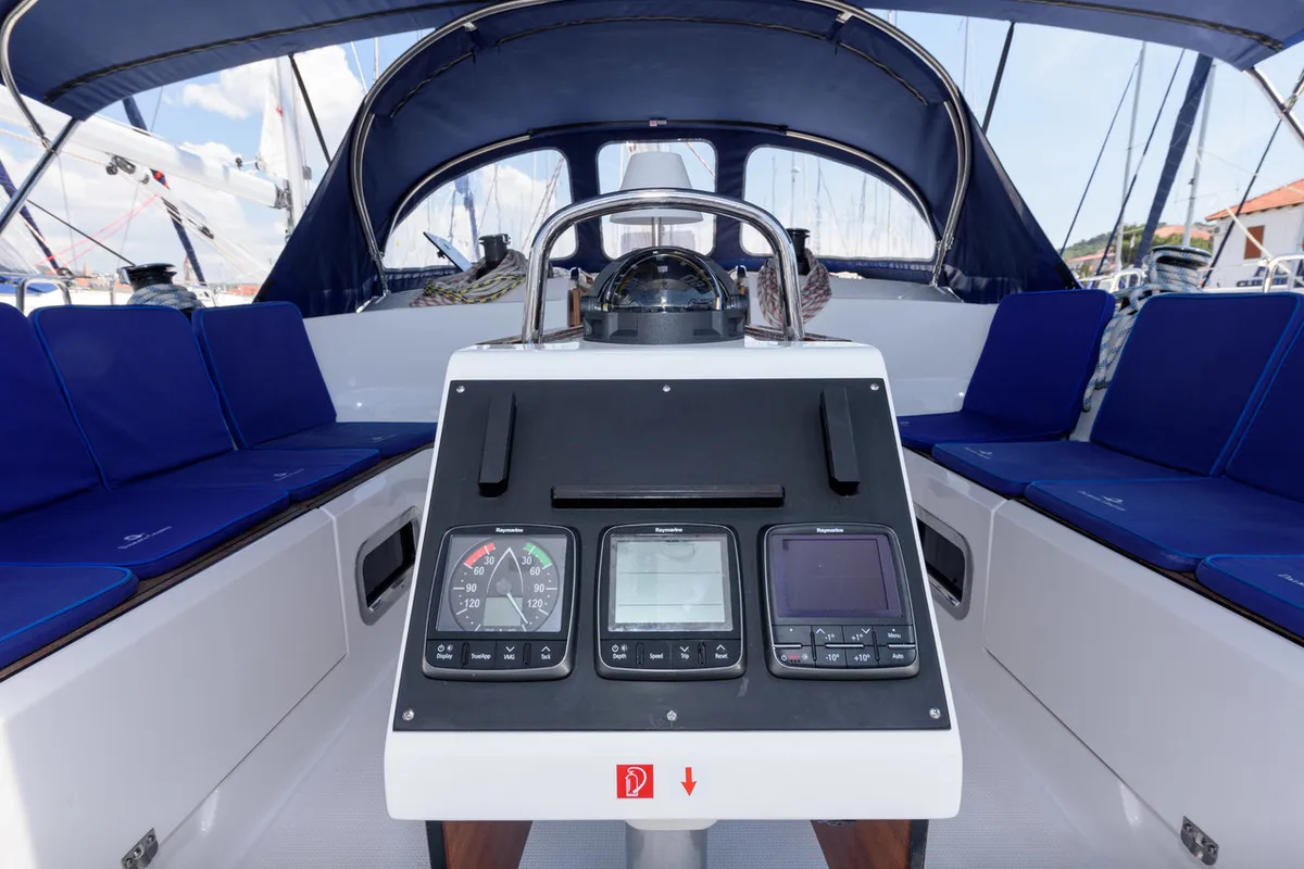 Cockpit of Factor X, a Bavaria Cruiser 46 sailboat at Grad Trogir, Croatia