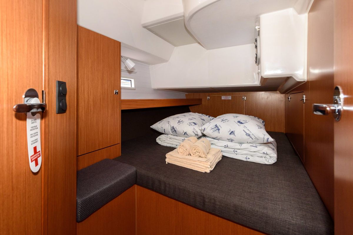 Cabin on Factor X, a Bavaria Cruiser 46 sailboat at Grad Trogir, Croatia