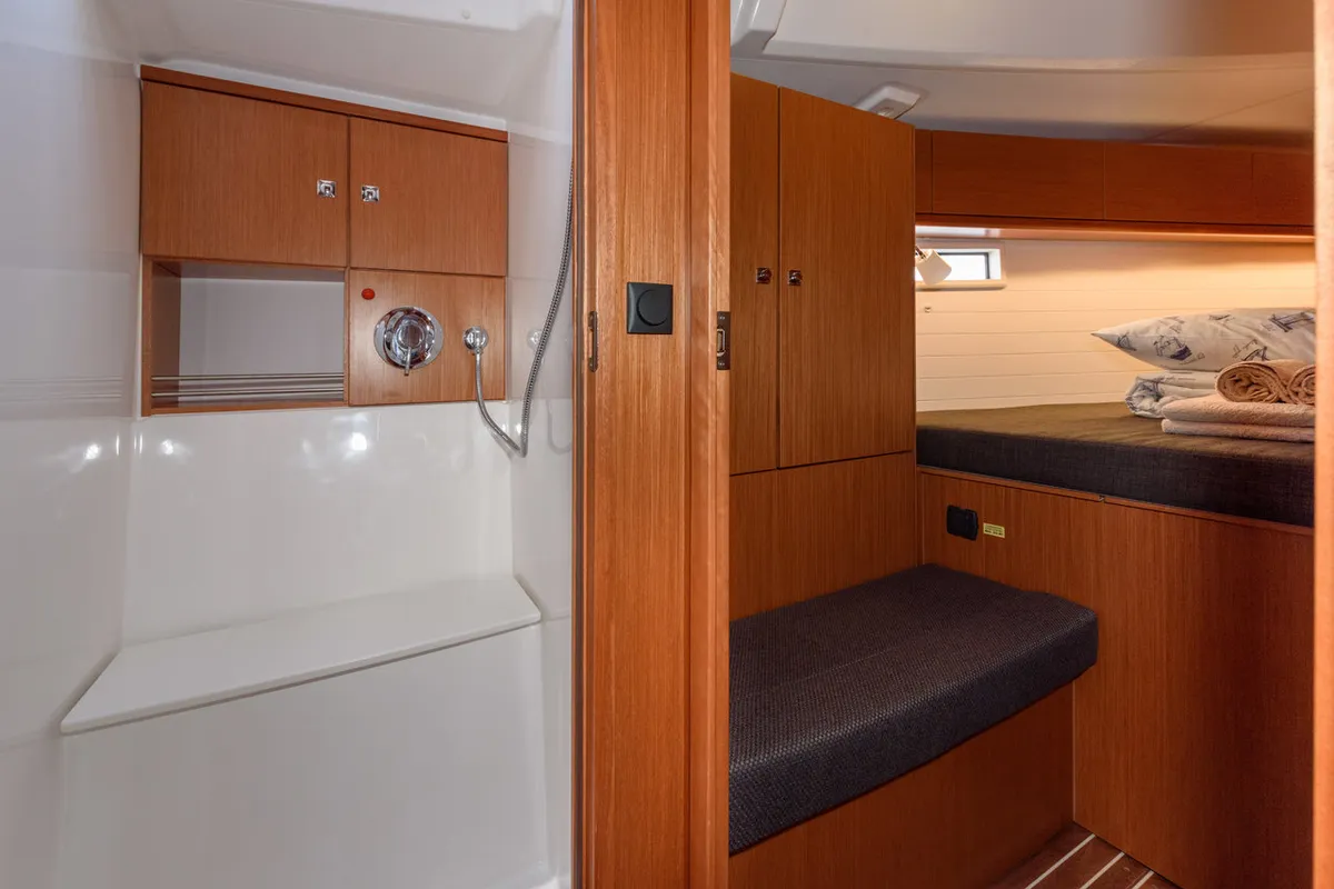 Head on Factor X, a Bavaria Cruiser 46 sailboat at Grad Trogir, Croatia