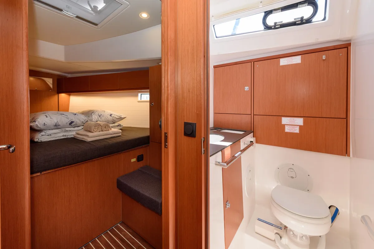 Head on Factor X, a Bavaria Cruiser 46 sailboat at Grad Trogir, Croatia