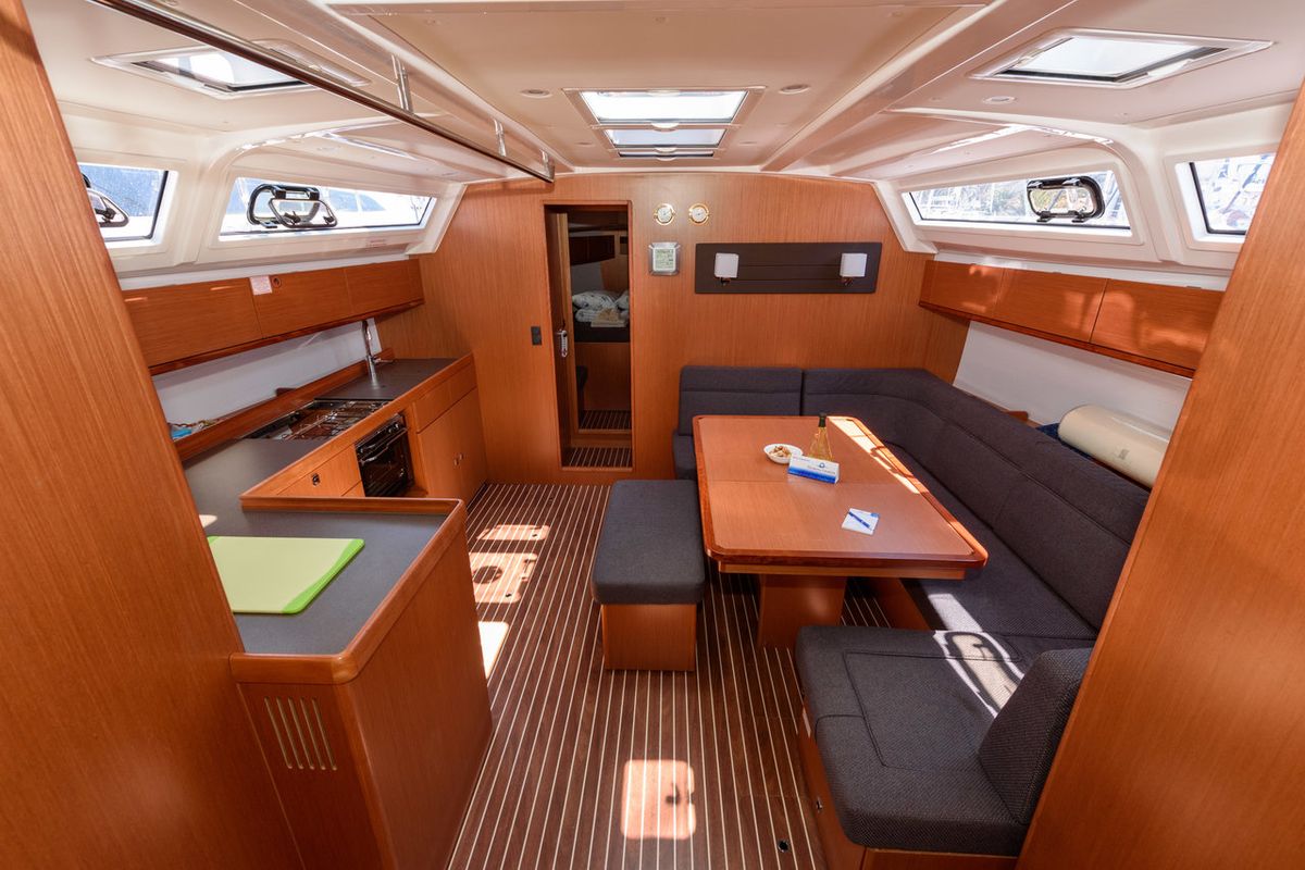 Salon of Factor X, a Bavaria Cruiser 46 sailboat at Grad Trogir, Croatia