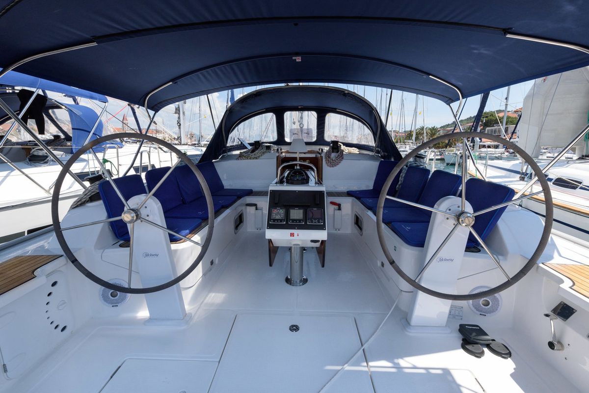 Cockpit of Factor X, a Bavaria Cruiser 46 sailboat at Grad Trogir, Croatia