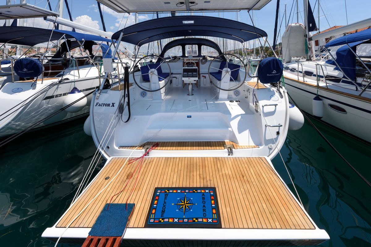 Deck of Factor X, a Bavaria Cruiser 46 sailboat at Grad Trogir, Croatia