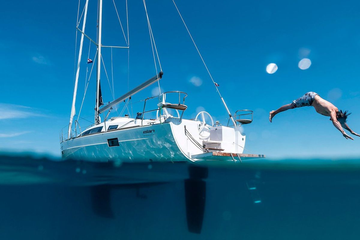 Exterior view of Fjaka, a Elan Impression 45.1 sailboat at Punat, Croatia