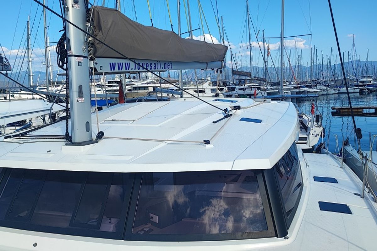 Deck of Gloria, a Fountaine Pajot Astrea 42 catamaran at Fethiye, Turkey