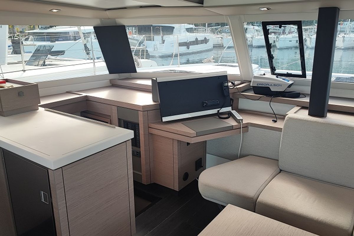 Cockpit of Gloria, a Fountaine Pajot Astrea 42 catamaran at Fethiye, Turkey