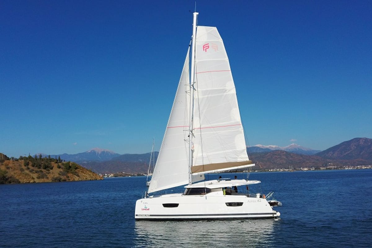 Deck of Gloria, a Fountaine Pajot Astrea 42 catamaran at Fethiye, Turkey