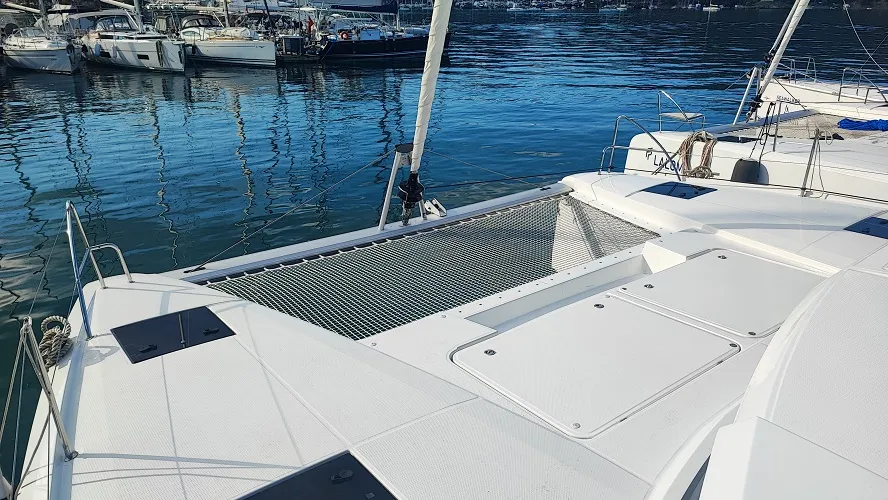 Cockpit of Gloria, a Fountaine Pajot Astrea 42 catamaran at Fethiye, Turkey