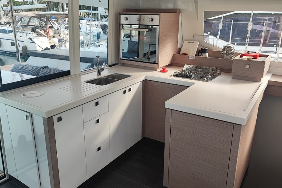 Galley of Gloria, a Fountaine Pajot Astrea 42 catamaran at Fethiye, Turkey