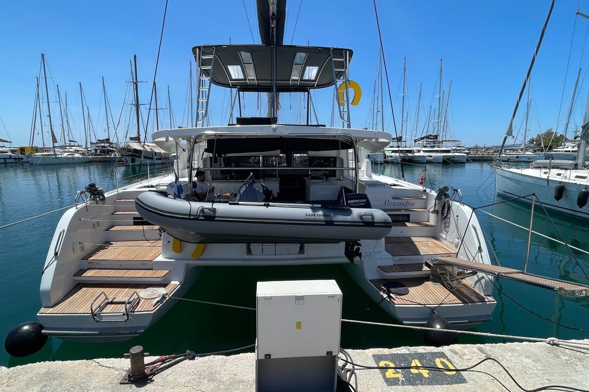 Exterior view of Alexandra, a Lagoon 46 catamaran at Athens, Greece