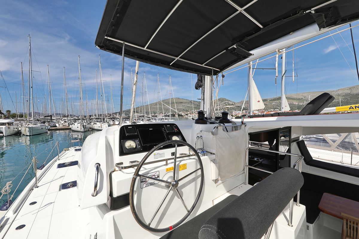Cockpit of Sophie, a Lagoon 42 catamaran at Grad Trogir, Croatia