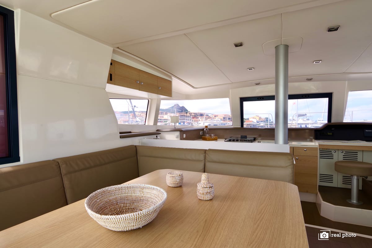 Salon of Alba, a Bali 4.1 catamaran at Olbia, Italy